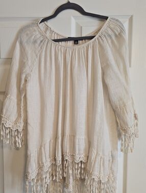 Saks Fifth Avenue Cream Crochet Fringe Peasant Tunic
